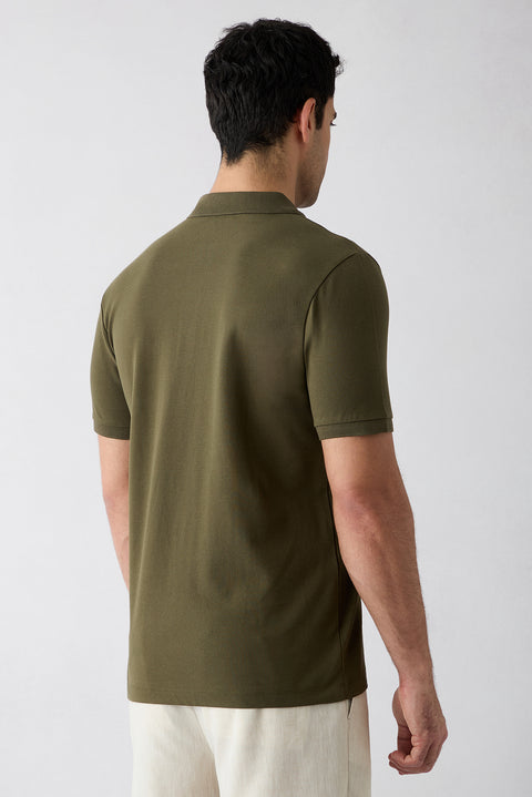 Medium Khaki Regular Fit Cotton Embroidered Pocketed Non-Rash Polo Collar T-Shirt