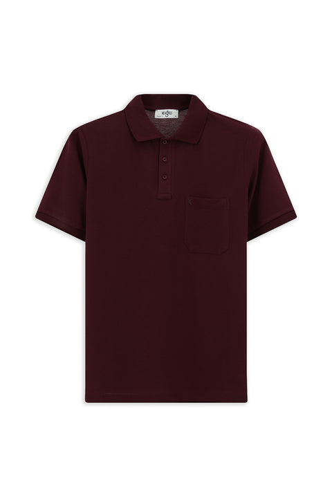 Koyu Bordo Regular Fit Pamuk Nakışlı Cepli Kıvrılmaz Polo Yaka Tişört