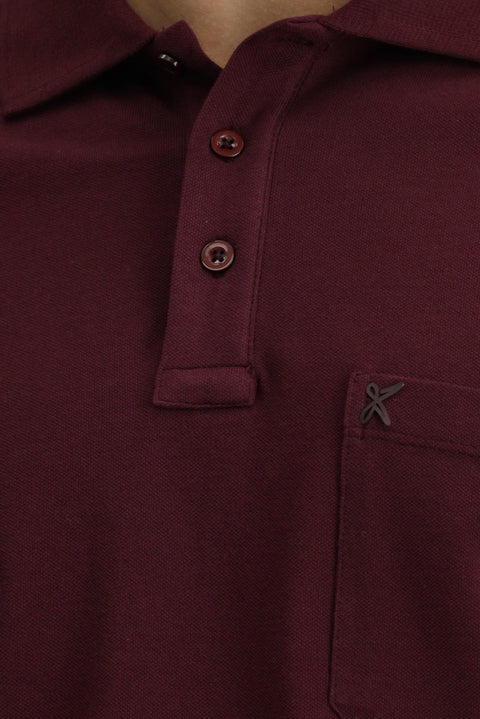 Koyu Bordo Regular Fit Pamuk Nakışlı Cepli Kıvrılmaz Polo Yaka Tişört