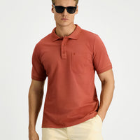Tile-colored Regular Fit Cotton Embroidered Pocketed Non-Rundown Polo Collar T-shirt