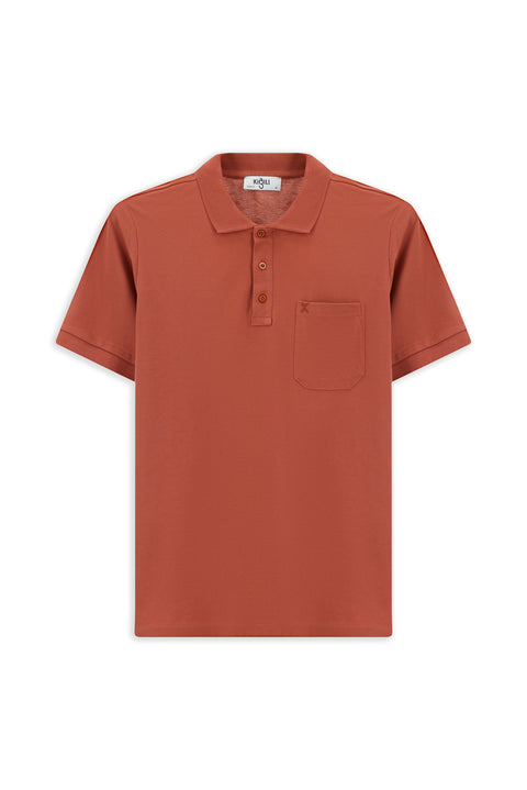 Tile-colored Regular Fit Cotton Embroidered Pocketed Non-Rundown Polo Collar T-shirt