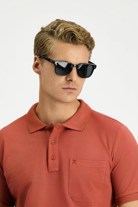 Tile-colored Regular Fit Cotton Embroidered Pocketed Non-Rundown Polo Collar T-shirt