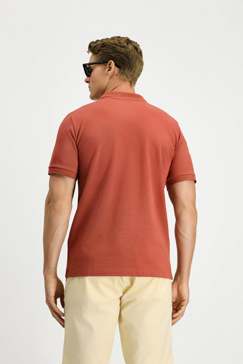 Tile-colored Regular Fit Cotton Embroidered Pocketed Non-Rundown Polo Collar T-shirt
