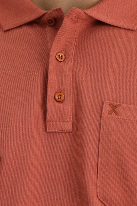 Tile-colored Regular Fit Cotton Embroidered Pocketed Non-Rundown Polo Collar T-shirt