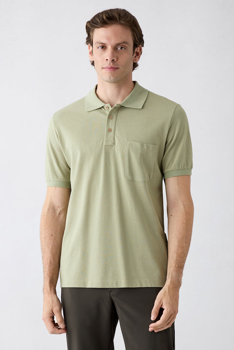 Forest Green Regular Fit Cotton Embroidered Pocketed Non-Rundown Polo Collar T-Shirt
