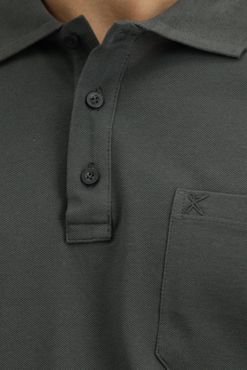 Dark Anthracite Regular Fit Cotton Embroidered Pocketed Non-Rash Polo Collar T-Shirt