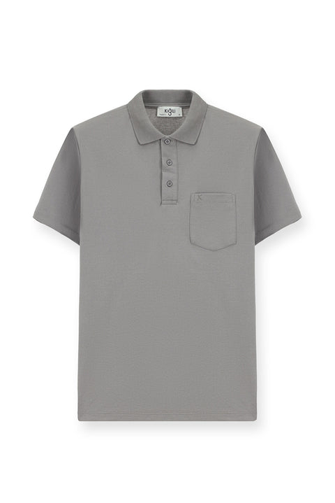 Medium Grey Regular Fit Cotton Embroidered Pocket Polo Shirt