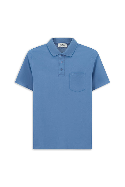 Havacı Mavi Regular Fit Pamuklu Nakışlı Cepli Polo Yaka Tişört