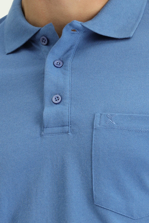 Havacı Mavi Regular Fit Pamuklu Nakışlı Cepli Polo Yaka Tişört