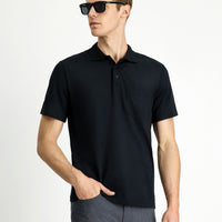 Black Regular Fit Cotton Embroidered Pocket Polo Collar T-Shirt