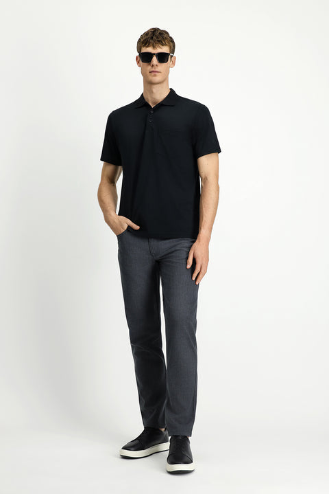 Black Regular Fit Cotton Embroidered Pocket Polo Collar T-Shirt