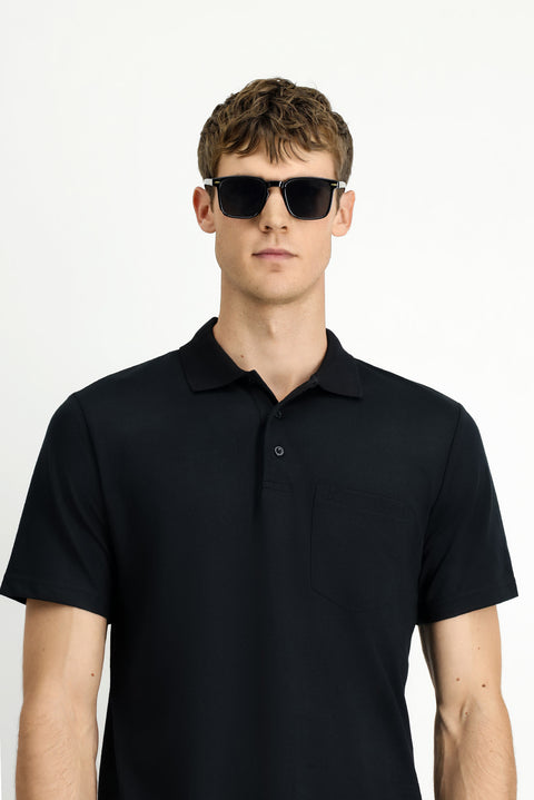Black Regular Fit Cotton Embroidered Pocket Polo Collar T-Shirt