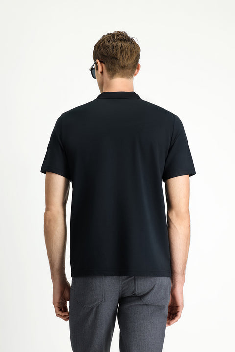 Black Regular Fit Cotton Embroidered Pocket Polo Collar T-Shirt