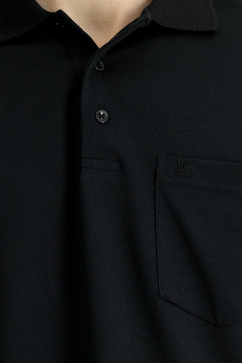 Black Regular Fit Cotton Embroidered Pocket Polo Collar T-Shirt