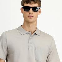 Medium Grey Regular Fit Cotton Embroidered Pocket Polo Shirt