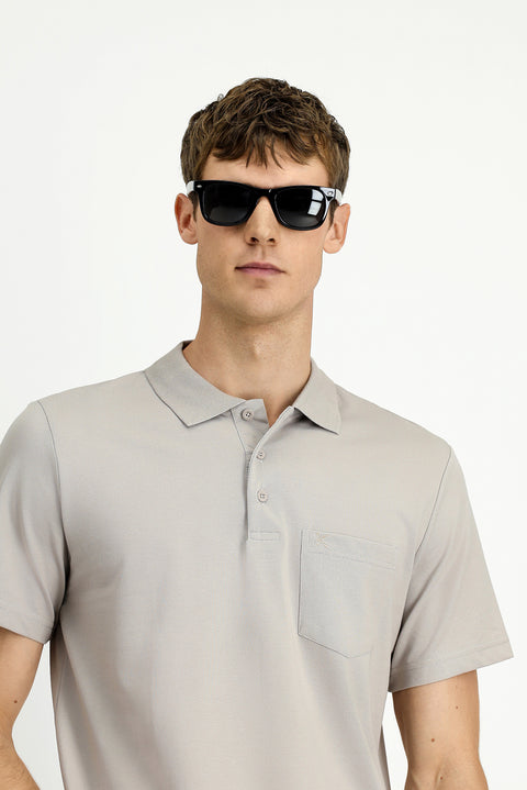 Medium Grey Regular Fit Cotton Embroidered Pocket Polo Shirt