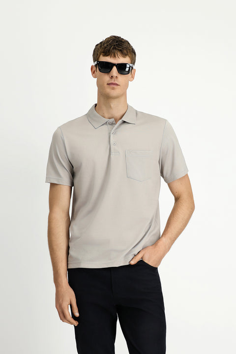 Medium Grey Regular Fit Cotton Embroidered Pocket Polo Shirt