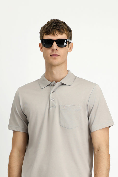 Medium Grey Regular Fit Cotton Embroidered Pocket Polo Shirt