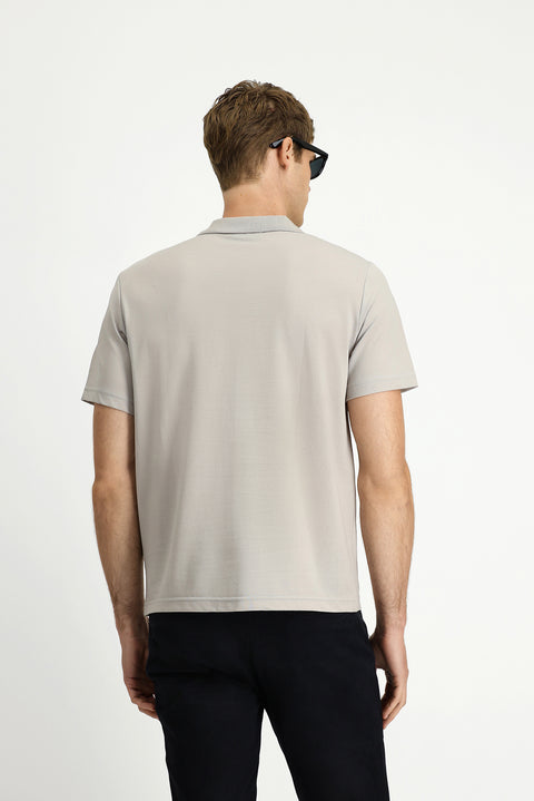 Medium Grey Regular Fit Cotton Embroidered Pocket Polo Shirt