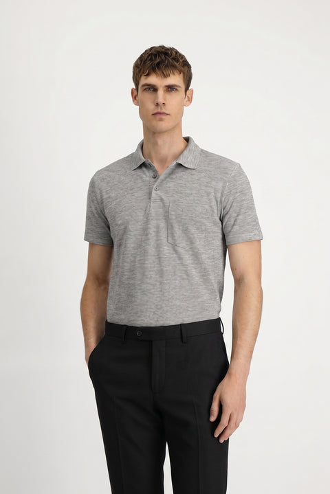 Orta Gri Melanj Regular Fit Pamuklu Nakışlı Cepli Polo Yaka Tişört