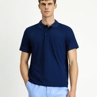 Medium Navy Regular Fit Cotton Embroidered Pocket Polo Shirt