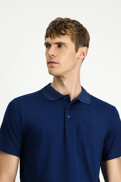 Medium Navy Regular Fit Cotton Embroidered Pocket Polo Shirt