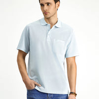 Light Blue Regular Fit Cotton Embroidered Pocket Polo Shirt
