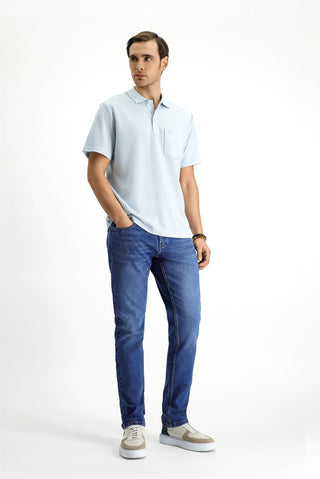  Açık Mavi Regular Fit Pamuklu Nakışlı Cepli Polo Yaka Tişört