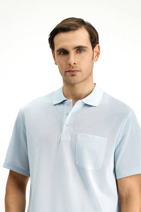 Light Blue Regular Fit Cotton Embroidered Pocket Polo Shirt
