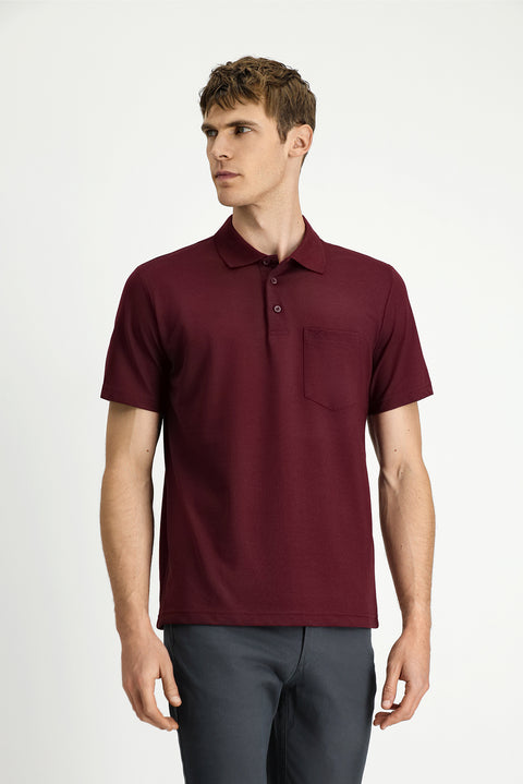 Koyu Bordo Regular Fit Pamuklu Nakışlı Cepli Polo Yaka Tişört