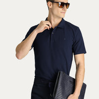 Dark Navy Polo Collar Slim Fit Cotton T-Shirt