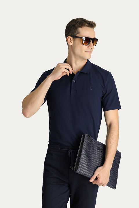 Dark Navy Polo Collar Slim Fit Cotton T-Shirt