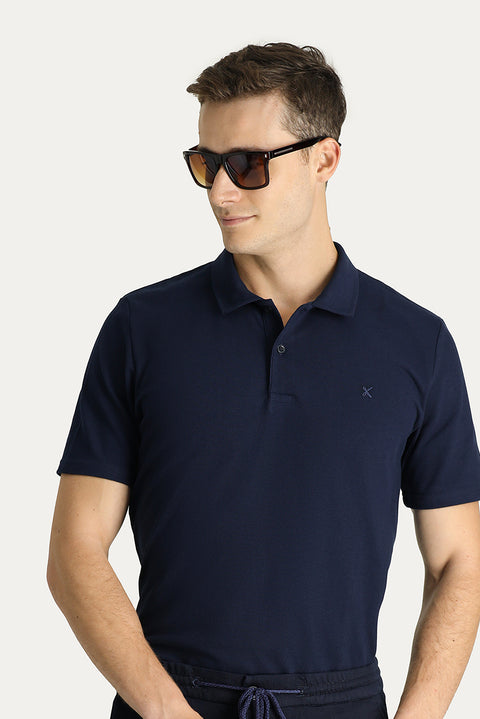 Dark Navy Polo Collar Slim Fit Cotton T-Shirt