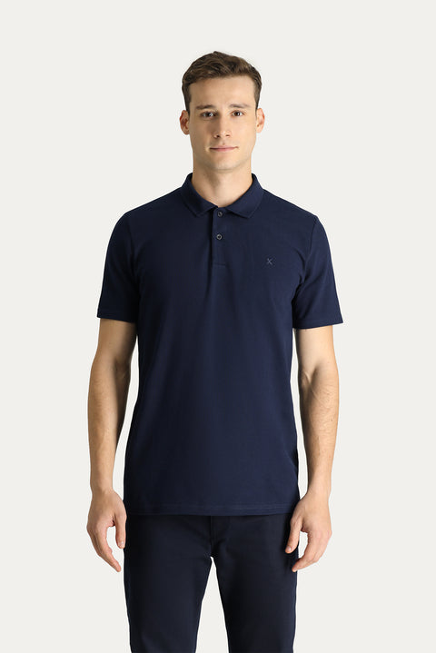 Dark Navy Polo Collar Slim Fit Cotton T-Shirt