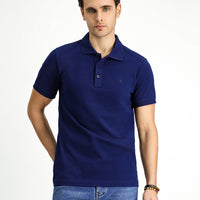 Medium Navy Slim Fit Narrow Cut Cotton Non-Wrinkle Polo Collar T-Shirt