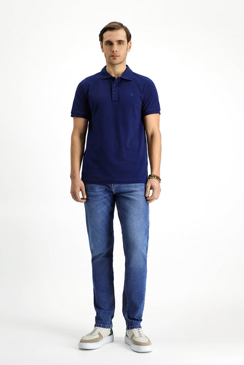 Medium Navy Slim Fit Narrow Cut Cotton Non-Wrinkle Polo Collar T-Shirt