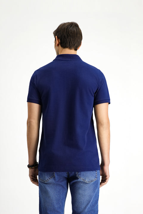 Medium Navy Slim Fit Narrow Cut Cotton Non-Wrinkle Polo Collar T-Shirt