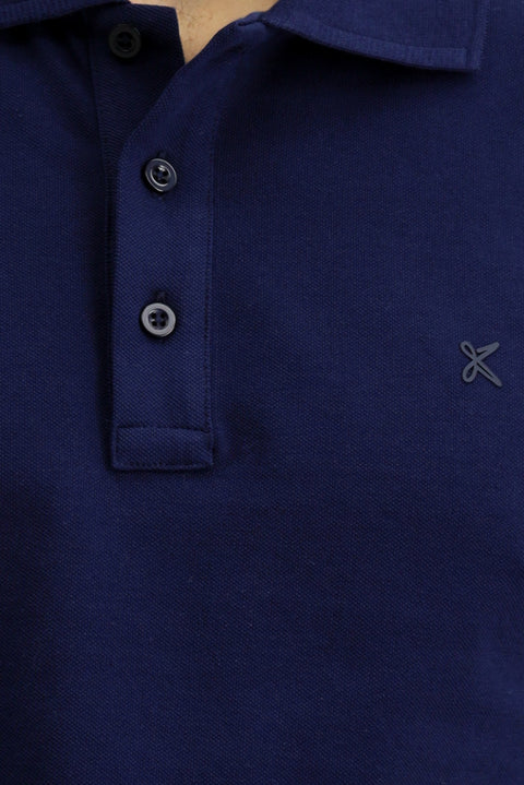 Medium Navy Slim Fit Narrow Cut Cotton Non-Wrinkle Polo Collar T-Shirt