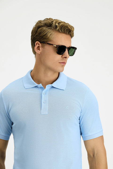 Light Blue Slim Fit Narrow Cut Cotton Non-Wrinkle Polo Shirt