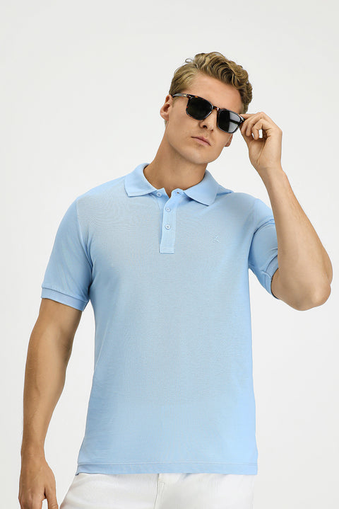 Light Blue Slim Fit Narrow Cut Cotton Non-Wrinkle Polo Shirt