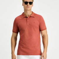 Tile-colored Slim Fit Narrow Cut Cotton Non-Wrinkle Polo Shirt
