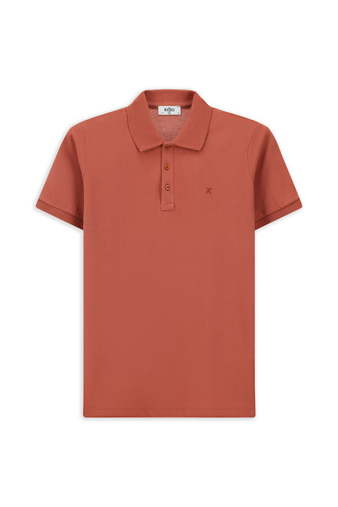 Tile-colored Slim Fit Narrow Cut Cotton Non-Wrinkle Polo Shirt