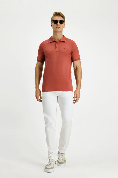 Tile-colored Slim Fit Narrow Cut Cotton Non-Wrinkle Polo Shirt