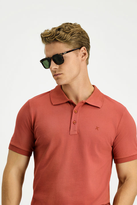Tile-colored Slim Fit Narrow Cut Cotton Non-Wrinkle Polo Shirt
