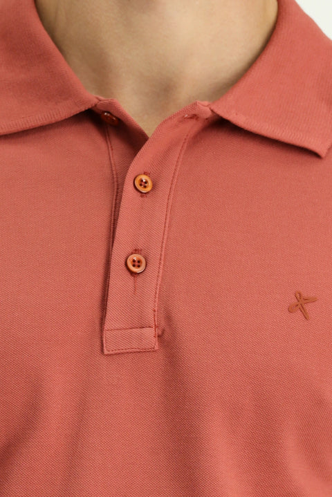 Tile-colored Slim Fit Narrow Cut Cotton Non-Wrinkle Polo Shirt