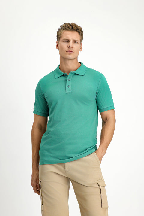 Mercan Yeşili Slim Fit Dar Kesim Pamuk Kıvrılmaz Polo Yaka Tişört