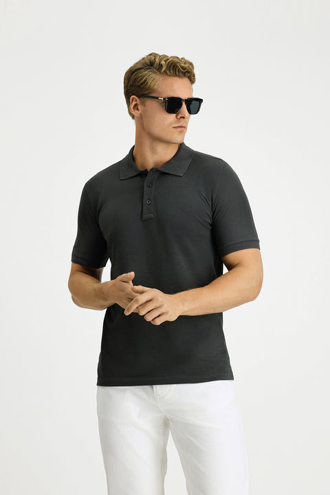 Dark Anthracite Slim Fit Narrow Cut Cotton Non-Rip Polo Shirt
