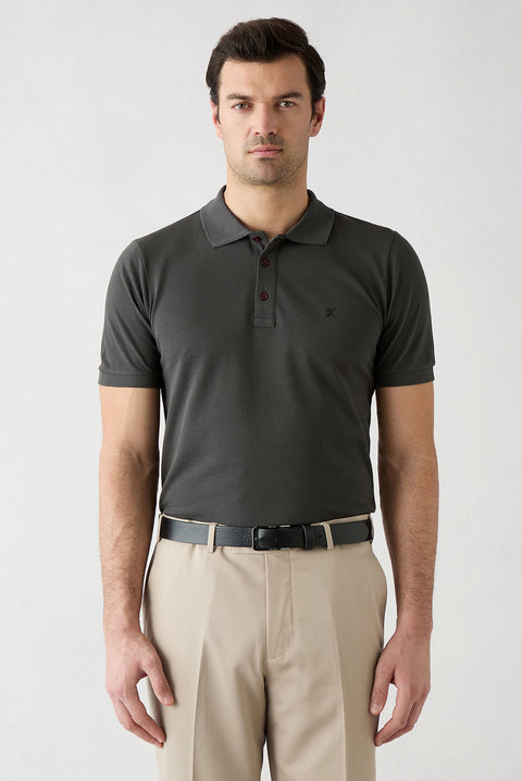 Dark Anthracite Slim Fit Narrow Cut Cotton Non-Rip Polo Shirt