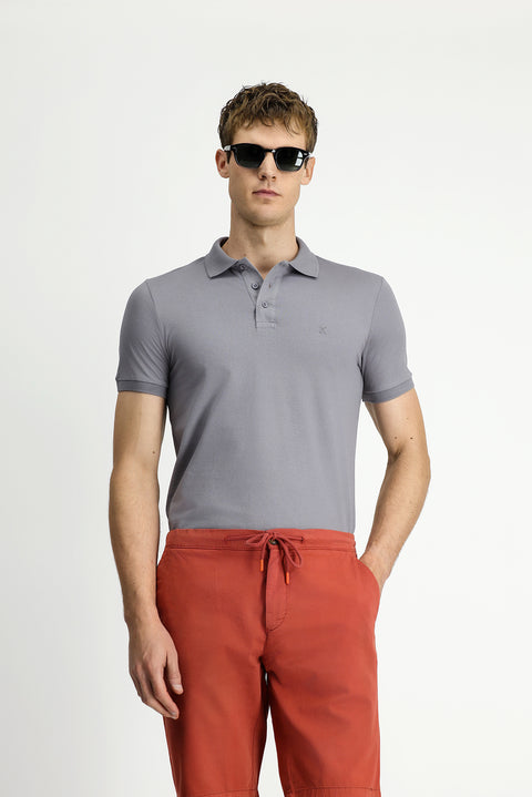 Medium Grey Slim Fit Embroidered Cotton Polo Shirt