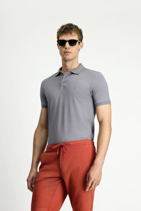 Medium Grey Slim Fit Embroidered Cotton Polo Shirt